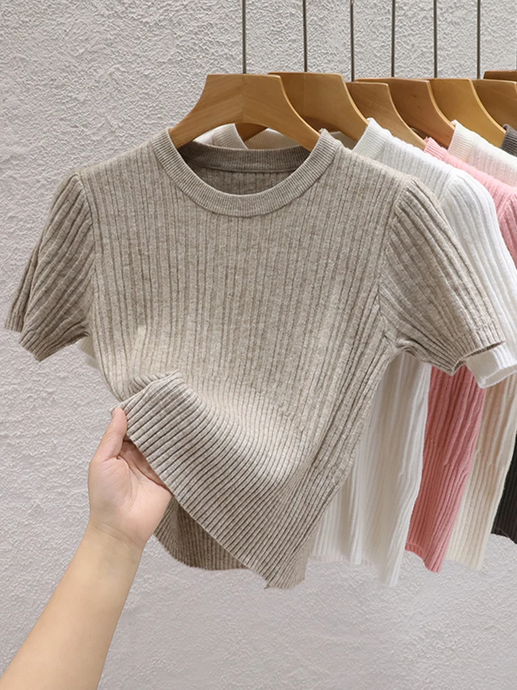 2024 letnie T-shirty damskie na co dzień koreańskie dzianinowe koszulki Streetwear Basic Solid Young fajne topy