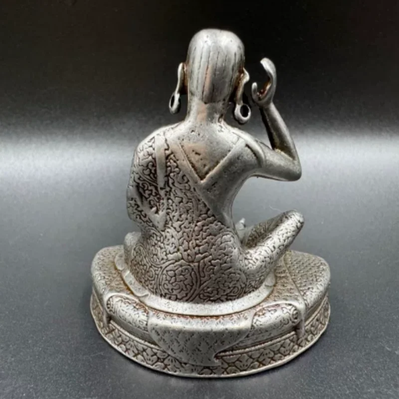 Nepal Antique Mini Thokcha Milarepa Buddha Statue - Tibetan Kagyu Sect Meteorite Iron Craft, Vintage Home Altar Decor