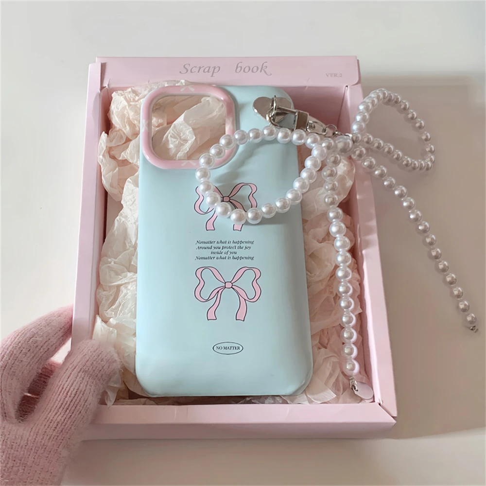 Korean Bowknot Pearl Pendant Cute Phone Case For iPhone 15 14 13 12 Pro Max 14 15 Plus 11 X XR XS Max Shockproof Cover