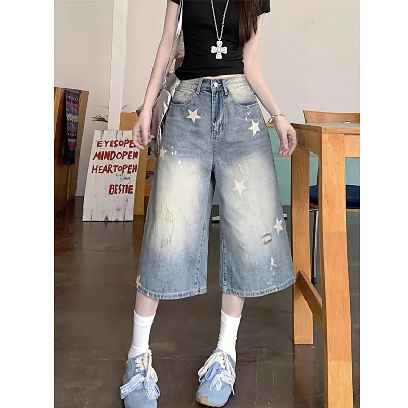 

Women's New Baggy Calf Length Jeans Vintage Hole Star Printed Wide Leg Denim Pants Ladies Fashion High Waisted Cropped Trousers