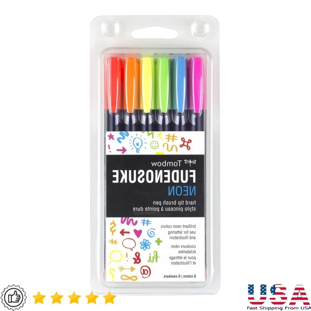 

Fudenosuke 6PK Brush Pens Set Neon Colors Flexible Tips Waterbased Ink Perfect Calligraphy Art Lettering