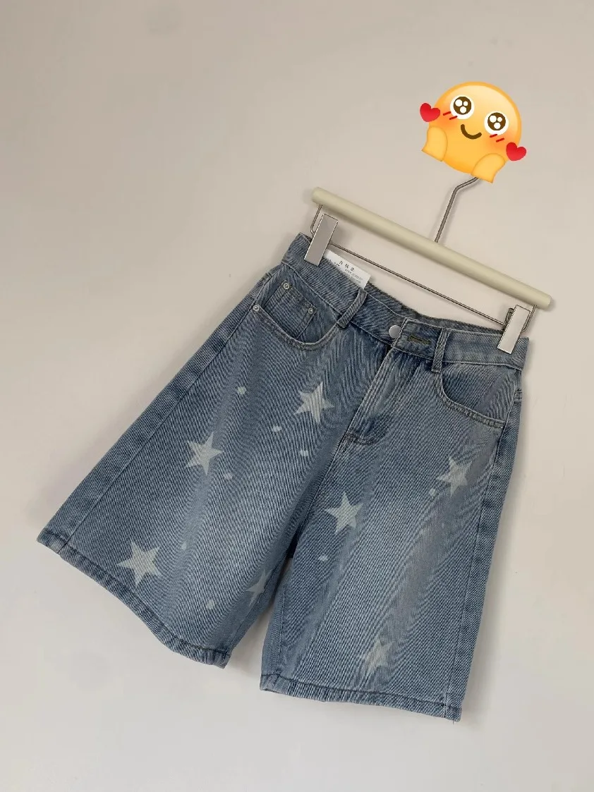

Loose Star Print Denim Five-Point Pants Women's Summer New Style Slimming Wide Leg Medium Pants Conceal Meat Hide Hip
