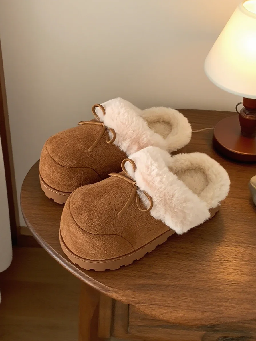 2026 New Women Sweet Bowknot Platform Closed Toe Slippers Winter Fleece Lined Non-Slip Cotton House Shoes Warm Plush Footwear