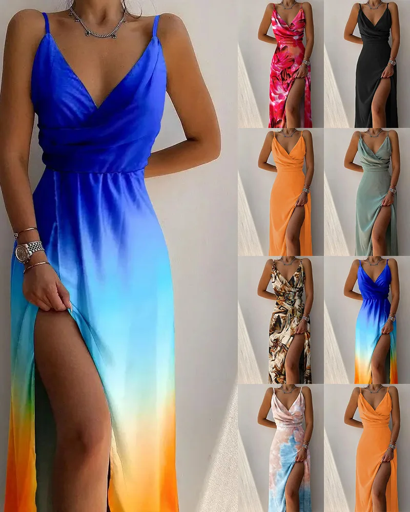 

Women's Casual Style Dress with Multi-Color Printed Urban Sexy V-Neck Strap High Slit Elegant High Waist Long Skirt