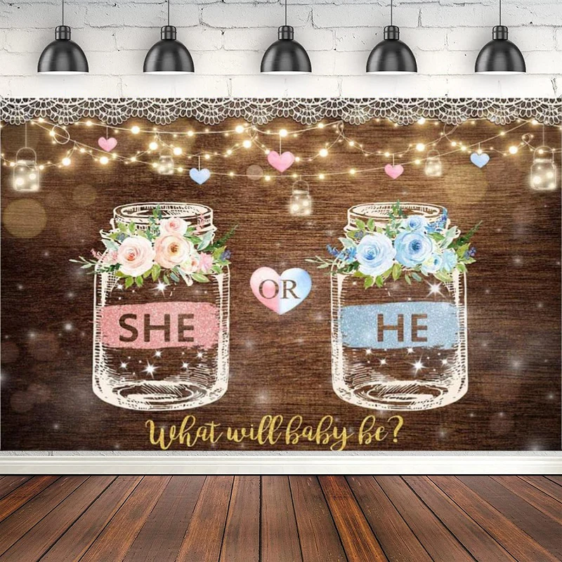 She or He Gender Reveal Photography Backdrop Brown Wood Wishing Bottle Pink And Blue Flower Background Lace String Lights Decor