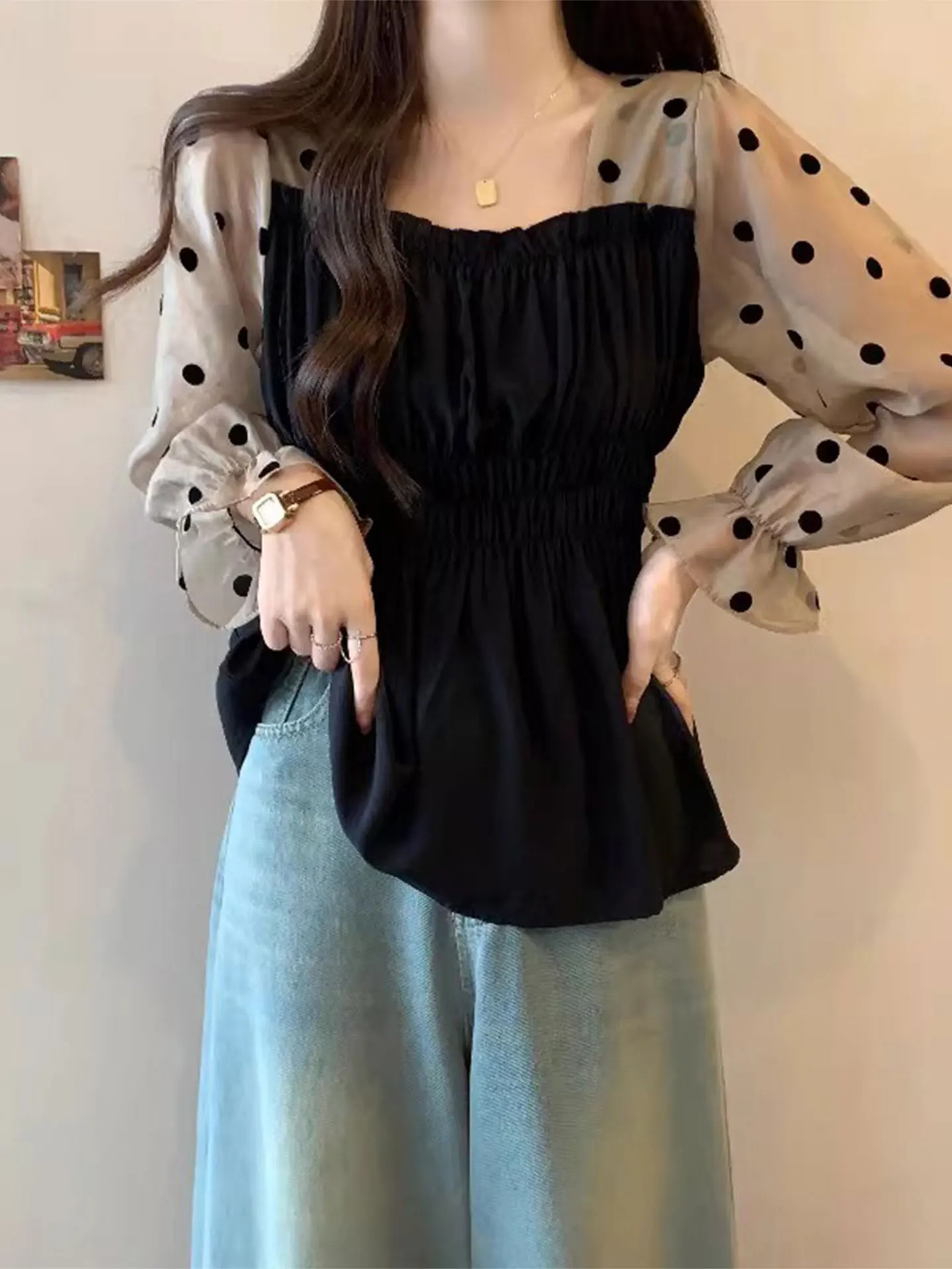 

Polka Dot Long Sve Women's irt Spring Faion plus Size Slim Fit Square Collar Unique Beautiful Waist in Flattering Top
