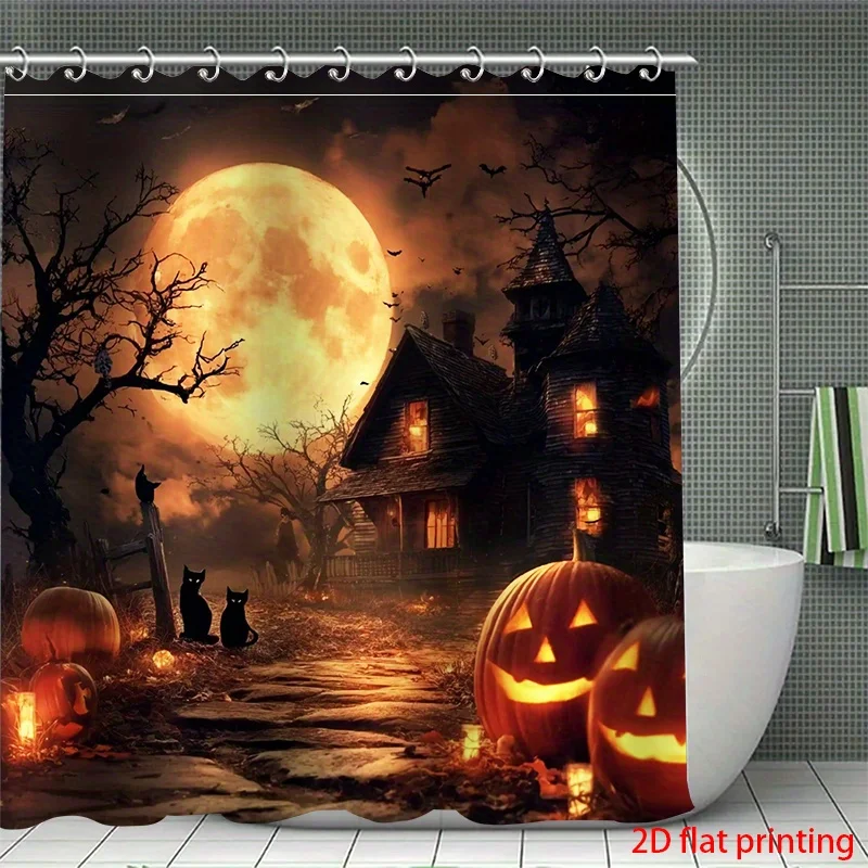 4pcs 2D Flat Printing Shower Curtain Bathroom Set Halloween Night with Haunted House and Pumpkins. Soft, Most Bathtubs and