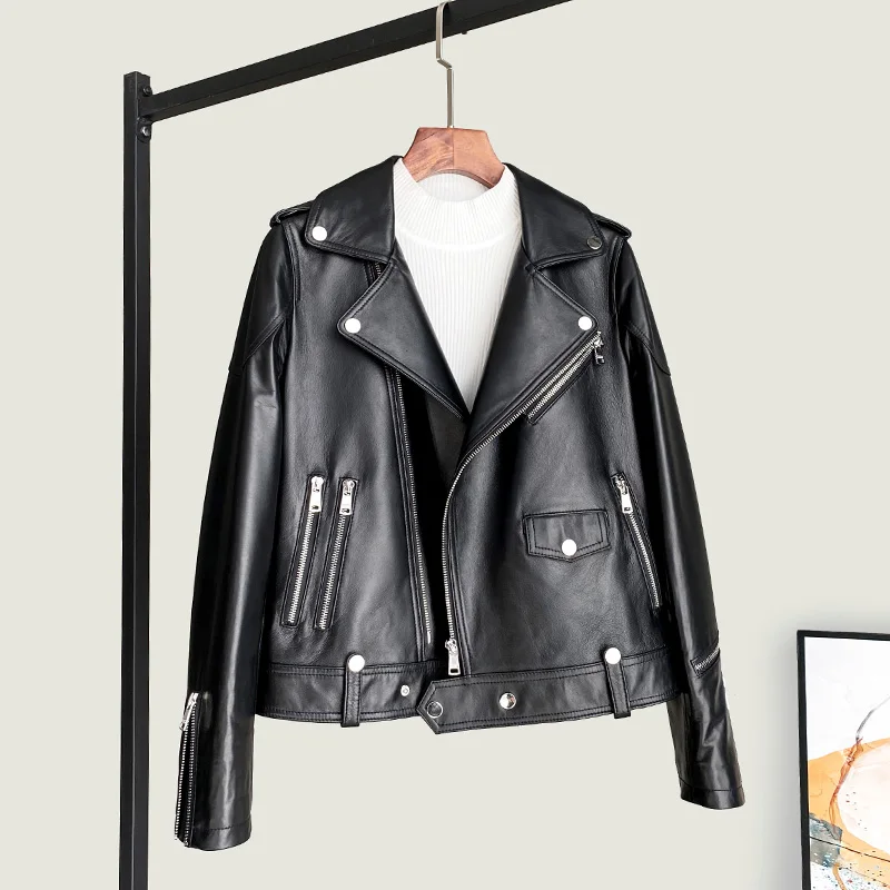 سترة جلدية أصلية لخريف وشتاء 2025 بقصة ضيقة من جلد الغنم وسحاب للدراجات النارية معطف لسائقي الدراجات النارية ملابس خارجية بياقة مقلوبة #4