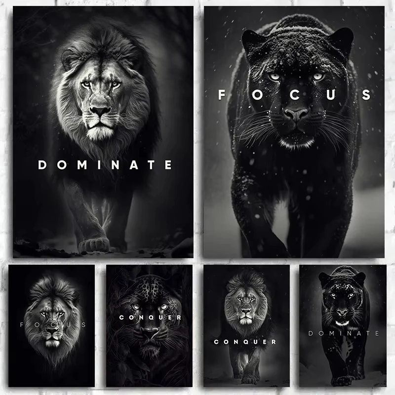 Animal Motivation Poster Panther Lion Motivational Canvas Posters Prints Canvas Painting Focus Conquer Fearless Mural Wall De