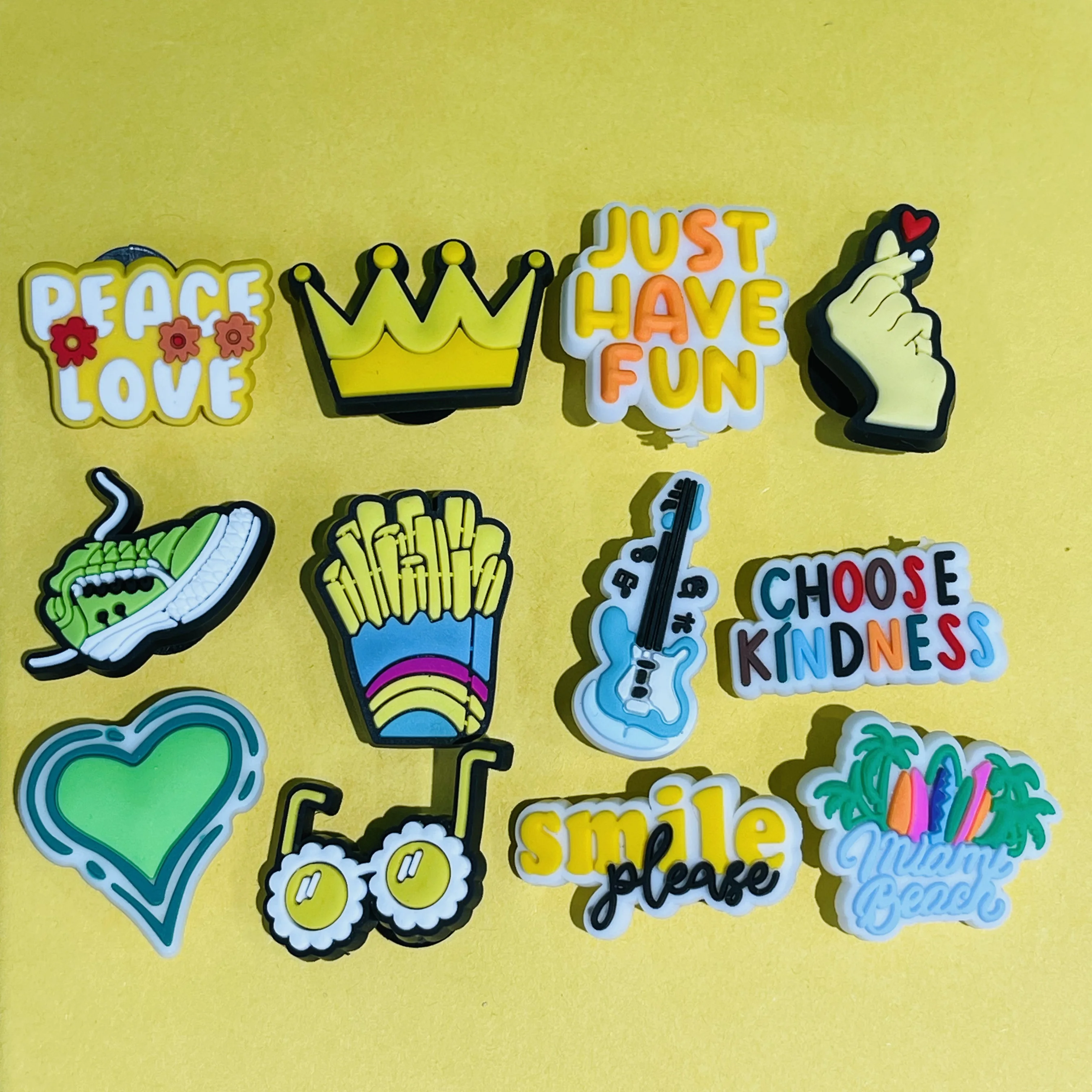 New 1-12pcs Cartoon Peace Love Smile Crown Chips Guitar Heart Glasses PVC Shoe Charms For Clogs Pins Sandals Shoes Decoration