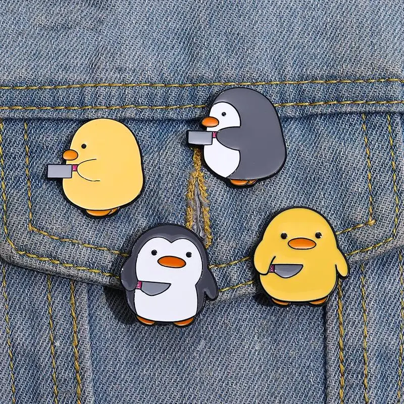 Cutie Killer Enamel Pins Chick Little Penguin Dagger Knife Brooches Lapel Badges Cartoon Fun Animal Jewelry Gift for Kids Friend