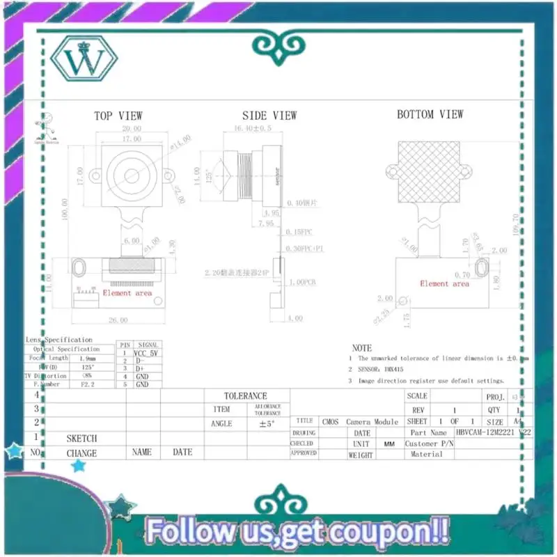 Módulo atualizado da câmera 4K HD 8Mp IMX415 30FPS FPC com grande angular