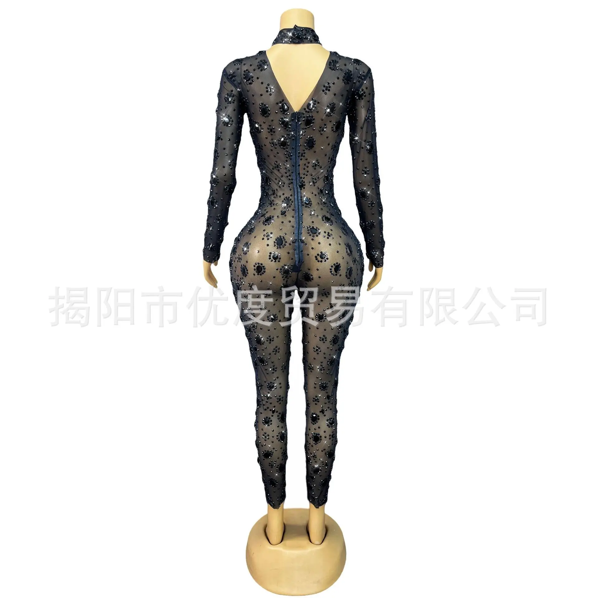 Stylish And Glam Black Rhinestone See-through Performance Suit Jumpsuit Stretch Stage Performance Suit Circle Chest Pants Dress