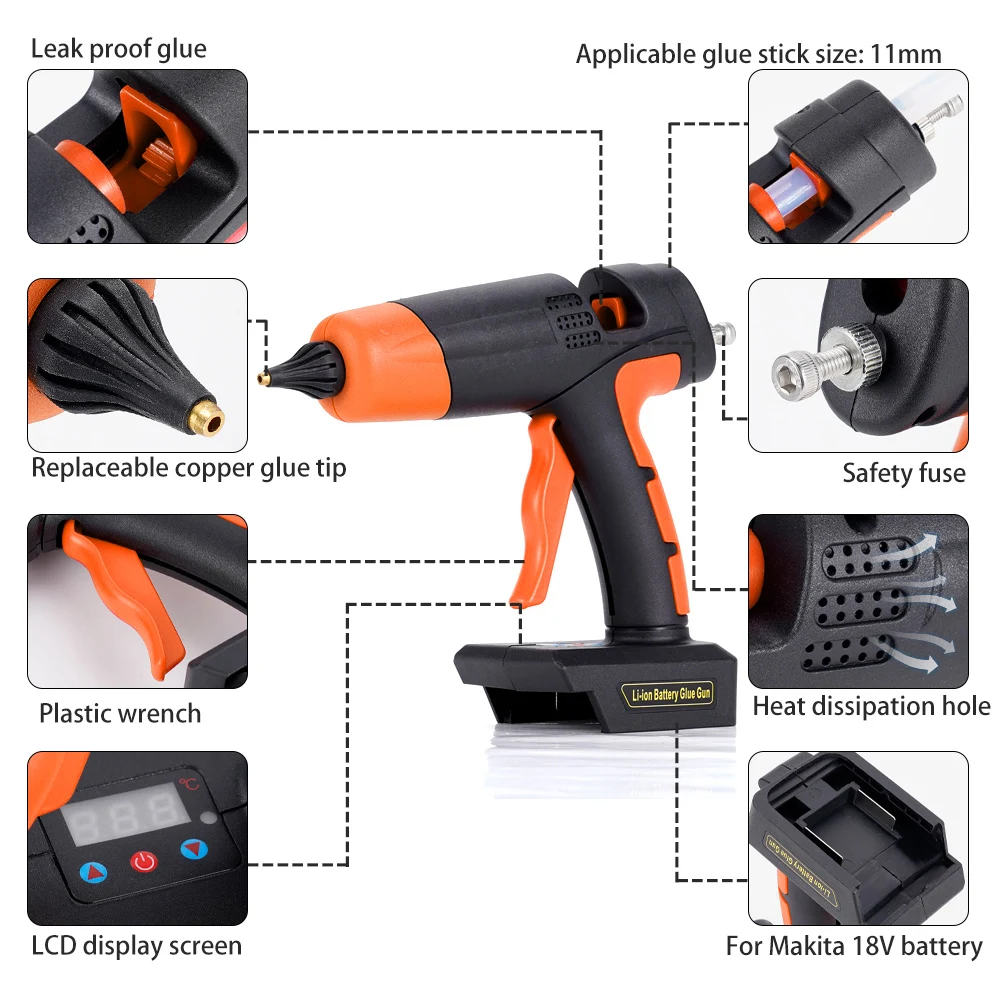 Electric Cordless Hot Melt Glue Gun Rechargeable Air Gun Suitable For 11mm Glue Stick DIY Repair Tool For Makita 18V Battery