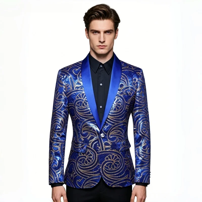 Men's Red Blue Sequins Shawl Collar Tuxedo Jacket Vintage Embroidery Stage Performance Blazer Evening Party Costume Coat