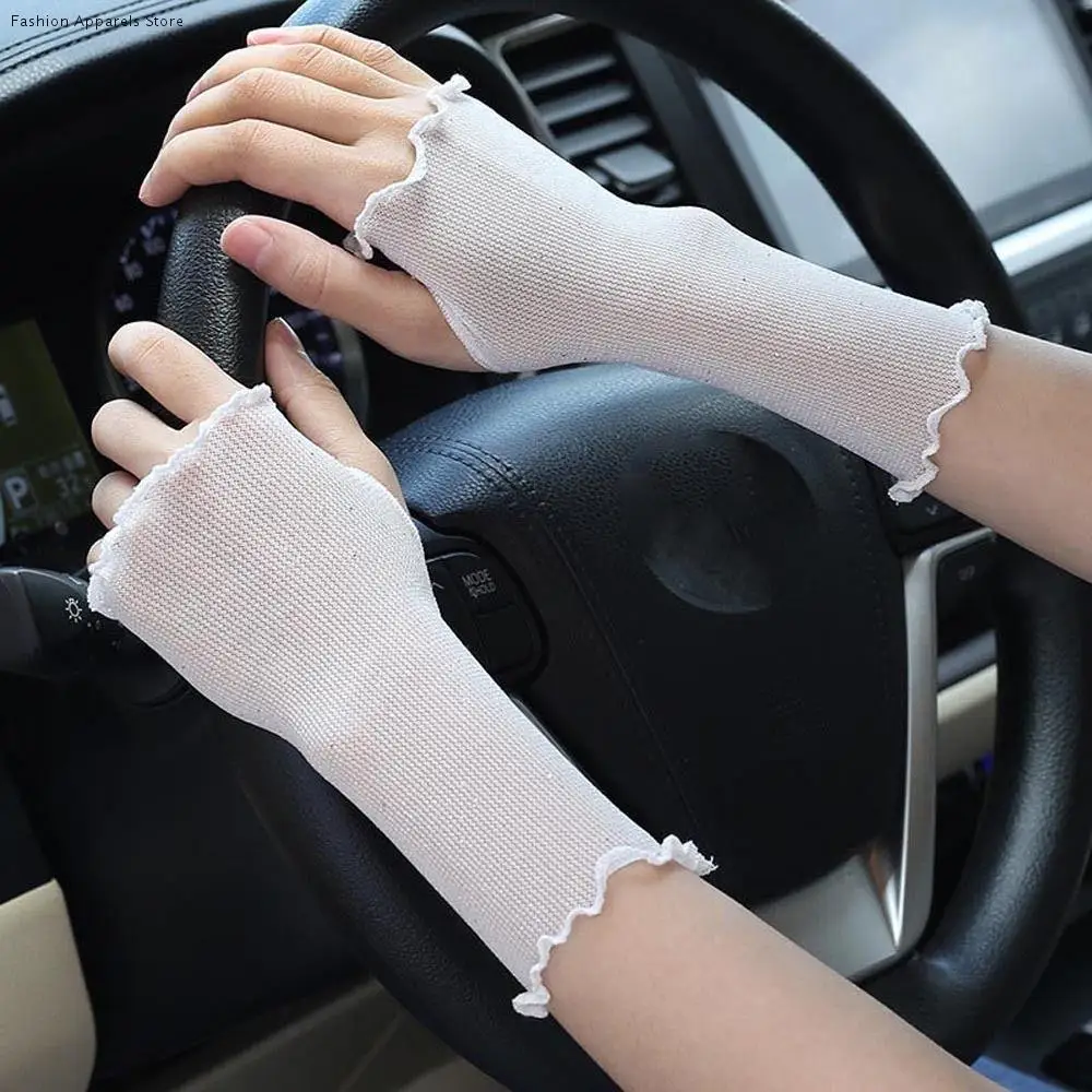 

Elegant Breathable Summer Touch Screen Driving Anti-UV Shinny Ruffle Mesh Fingerless Gloves Women Mittens Half Finger Gloves