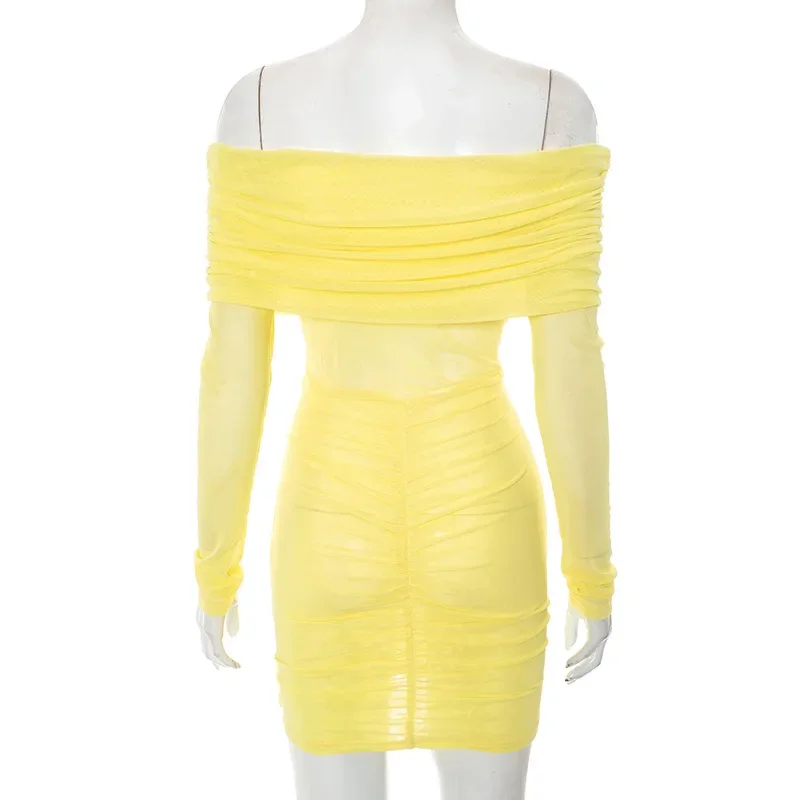 Ruched ดูผ่านตาข่าย Bodycon มินิชุดผู้หญิงเซ็กซี่ Slash คอปิดไหล่แขนยาว Slim วันเกิด Party Clubwear