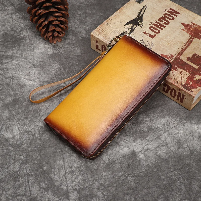 Vintage genuine leather tree-grass cowhide ladies' zipper wallet, long style, large capacity, color-matched handbag