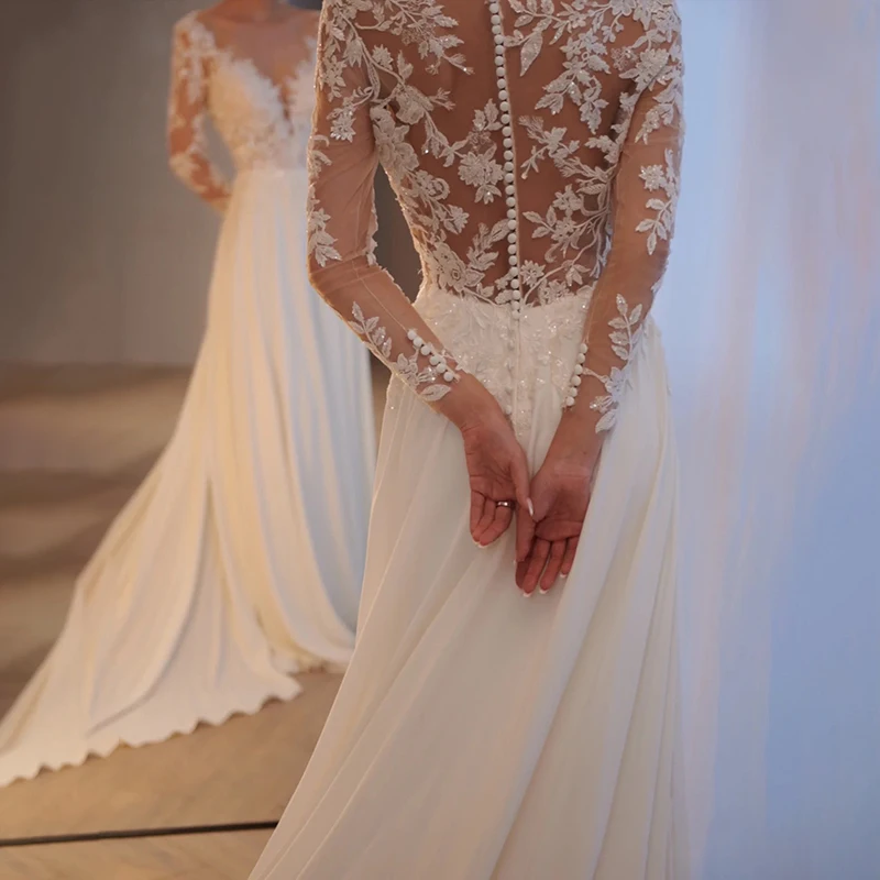 Robe de mariée en dentelle à col en V pour femmes, luxueuse et sexy, à manches longues, transportée, robe de soirée pour banquets, 2024