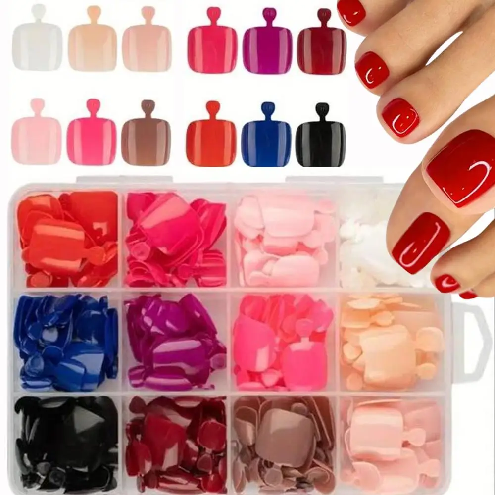 96/288Pcs Solid Color Press On Toenails Short Square Full Cover Fake Toe Nails Wearable Detachable False Toenail Tips Manicure T
