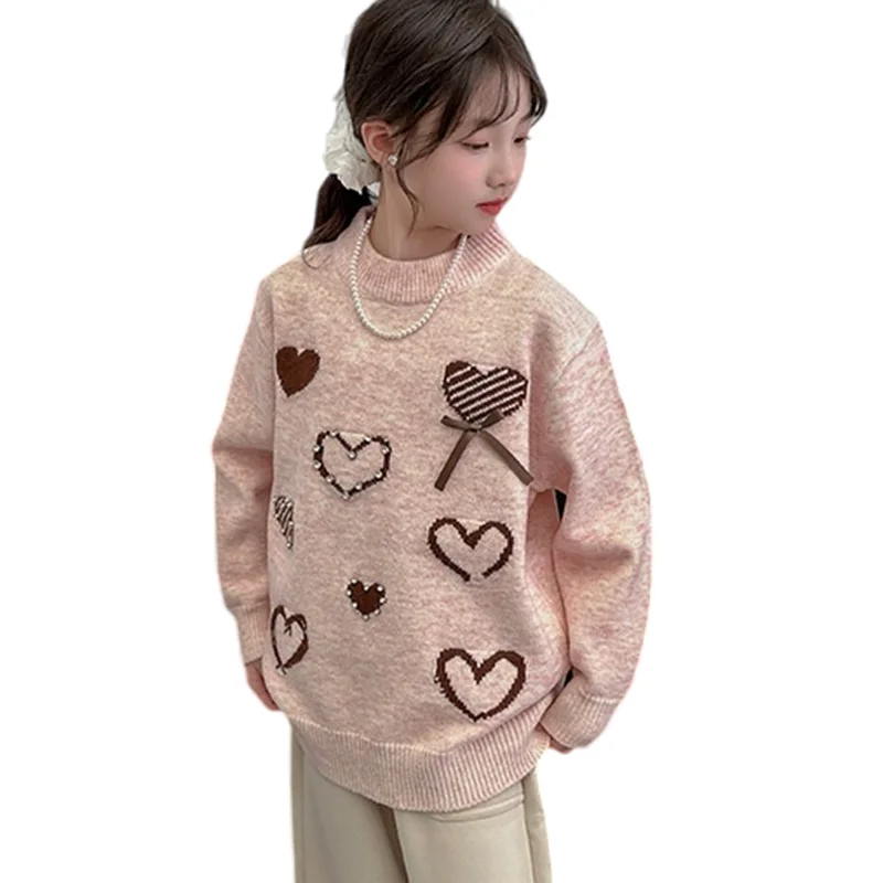 

Elegant Kids Girl Spring Fall Sweater with Heart For Teenage Child Fashion Street Knitwear Baby Beige Pink Color Knitted Clothes