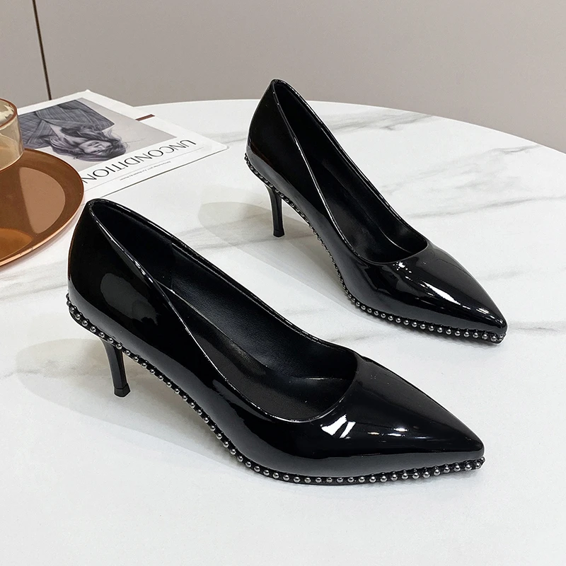 Zapatos de tacón alto de 7CM y 9CM para mujer, calzado elegante de lujo con remaches, tacones medios y bajos Nude, fetiche para fiesta en club nocturno y oficina, novedad