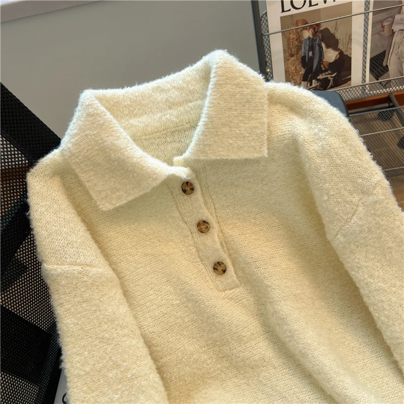 Women Apricot POLO Collar Clothing Vintage Knitting Sweater Long Sleeve Casual Korean Fashion Baggy Female 2024 Winter NEW Tops