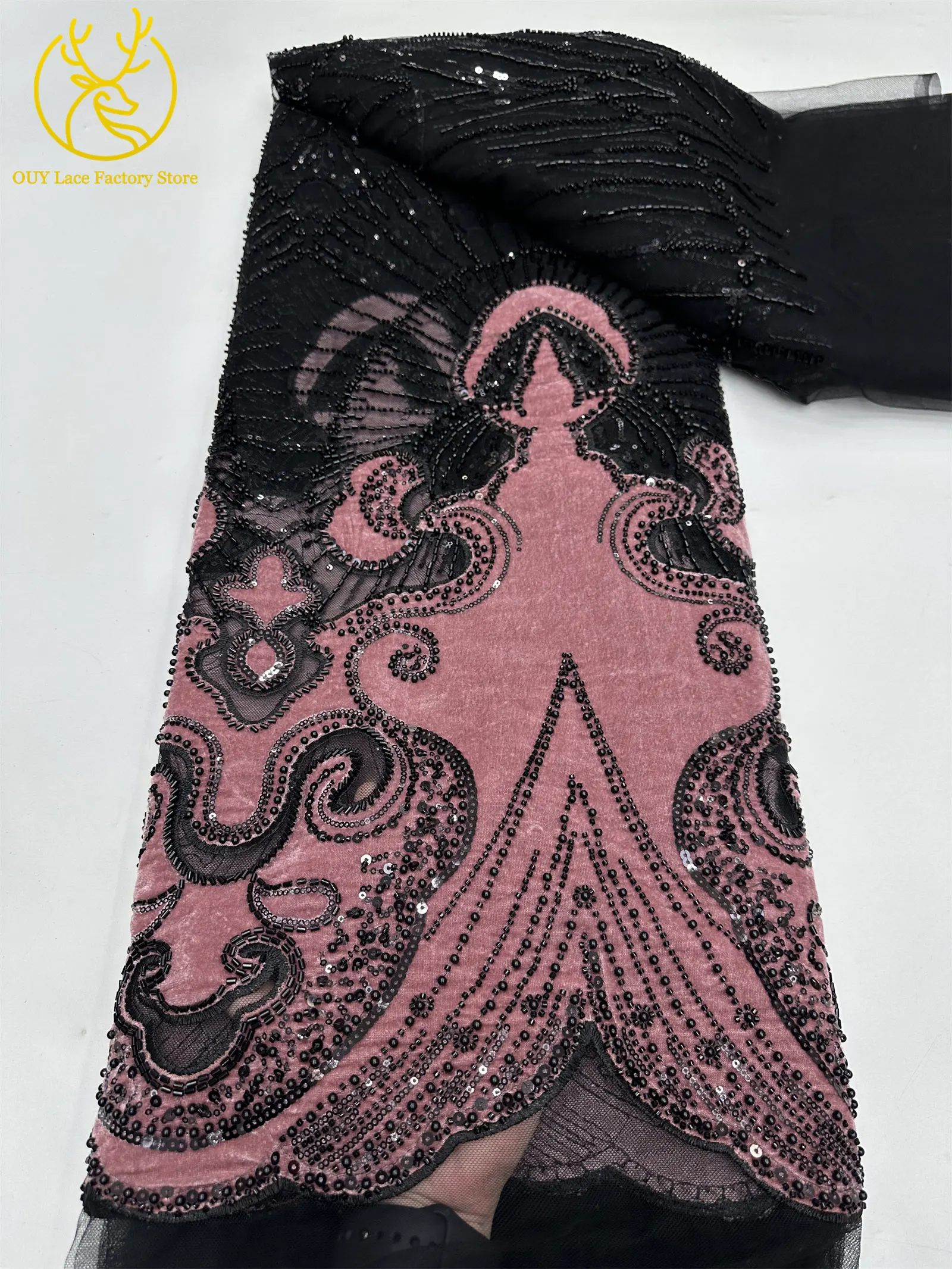 Luxuriöser afrikanischer Samtstoff mit goldenen Perlen und Pailletten, 5 Yards, weinrot, bestickter französischer Tüll für Damen-Partykleider – Detail 14