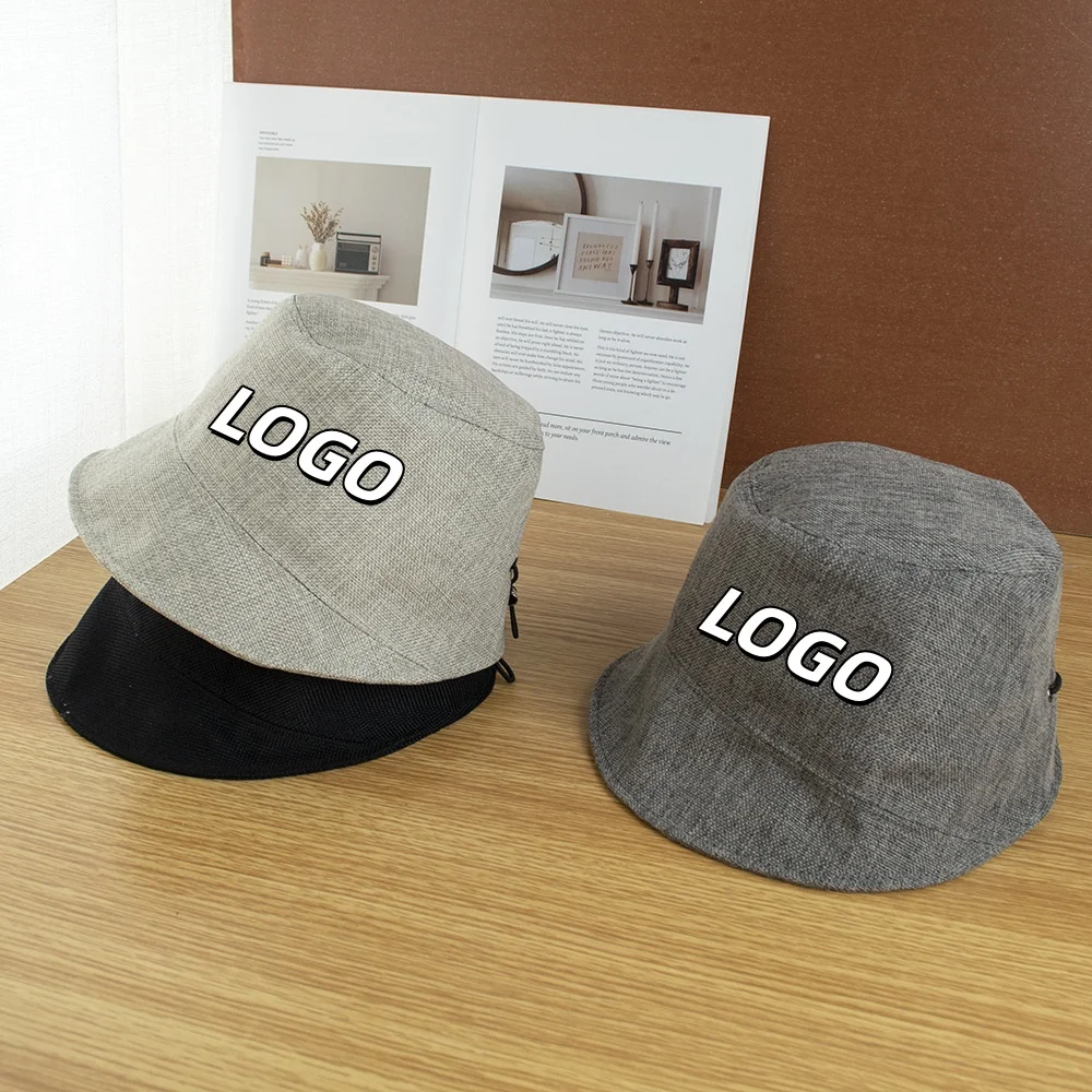 Custom Logo Linen Blend Bucket Hat Adjustable Customizable Breathable Sun Hat for Beach Travel Daily Wear Casual for Women Men