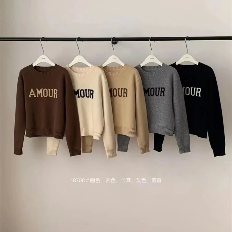 

Women Clothing Spring Autumn Fashion Korean Simplicity Letter Solid Color O-neck Female All-match Lazy Wind Sweater Pullovers