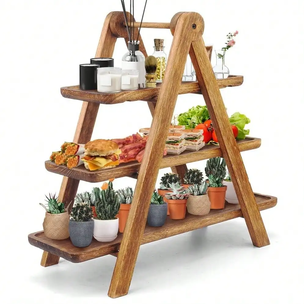 Manspdier Wood 3 Tier Serving Tray Three Tiered Serving Stand, Rectangle Serving Platter Wooden Farmhouse Tiered Tray, Party Serving Brown Decorative Tray Tray Decor