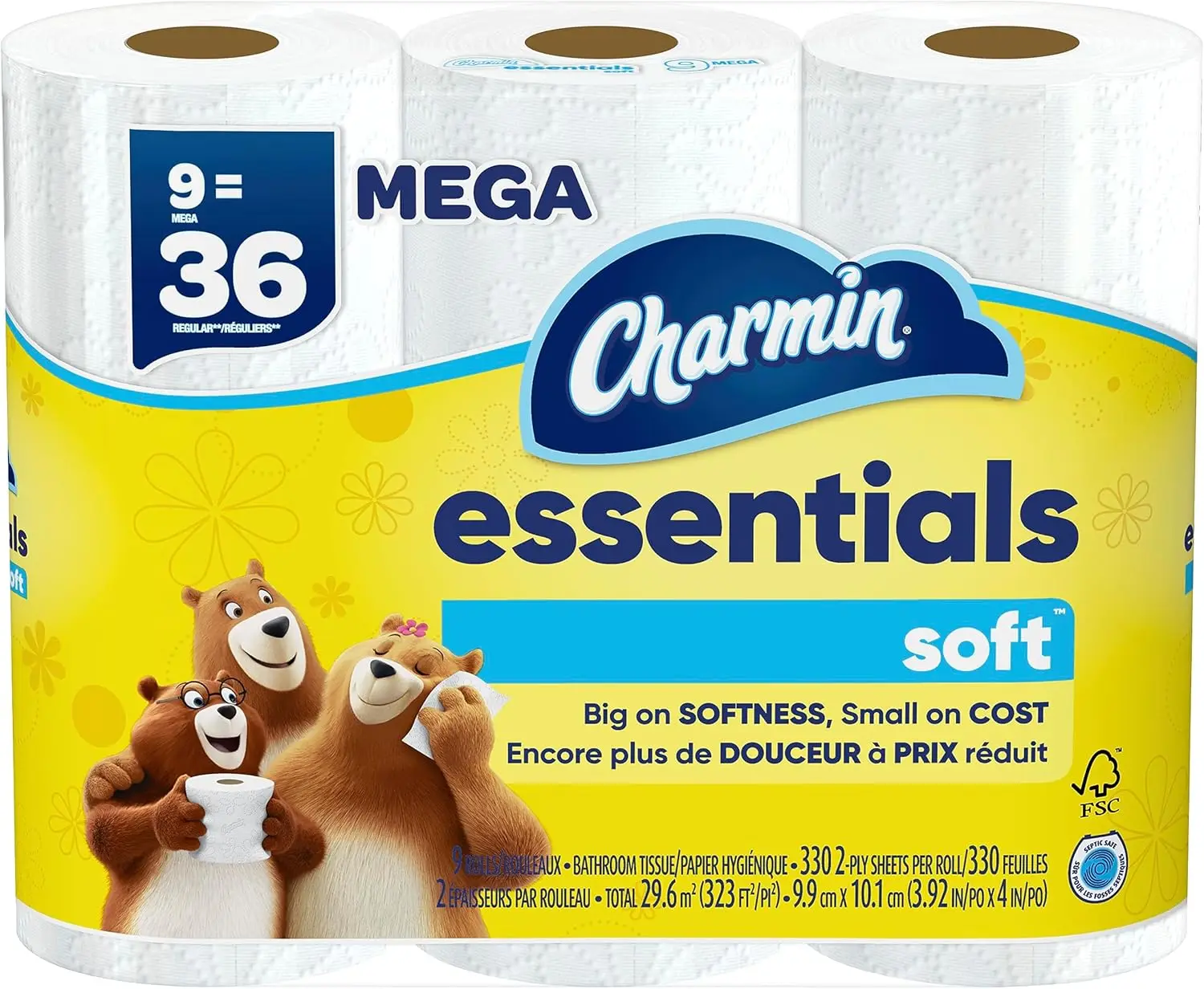 Soft Toilet Paper, 9 Mega Rolls Equivalent to 36 Regular Rolls, Gentle and Absorbent for Home Use