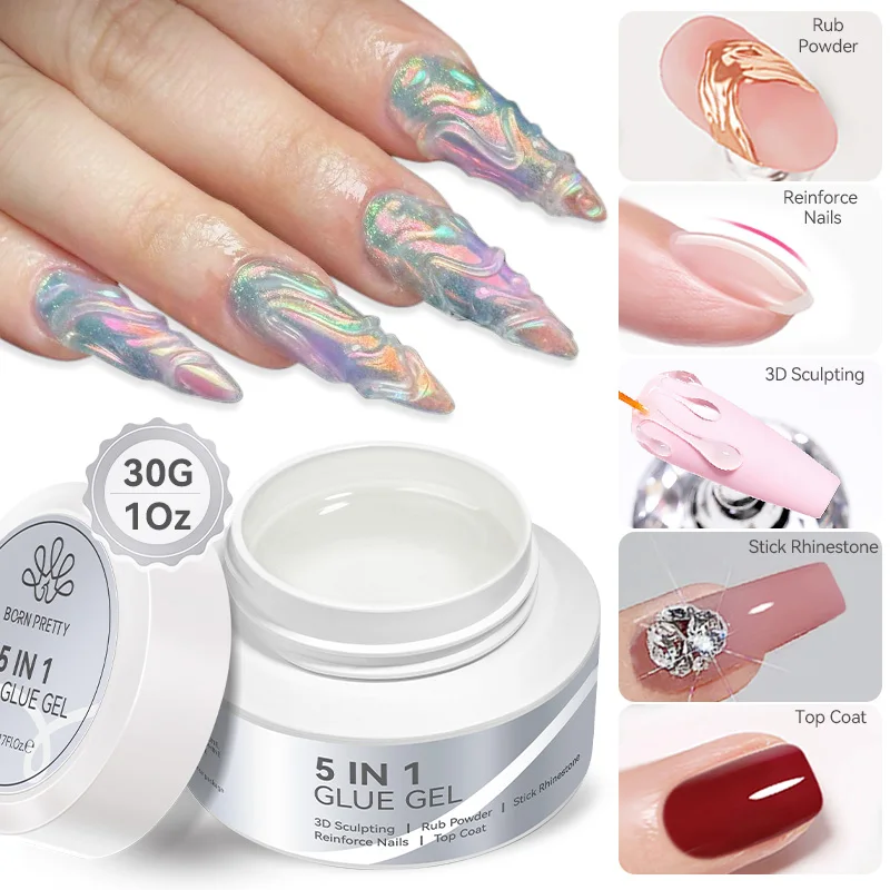 BORN PRETTY 30g 5 IN 1 Nail Glue Gel Multi-functional Rhinestone Stick Reinforcement Gel 3D Shaping Sculpting Carving Nails