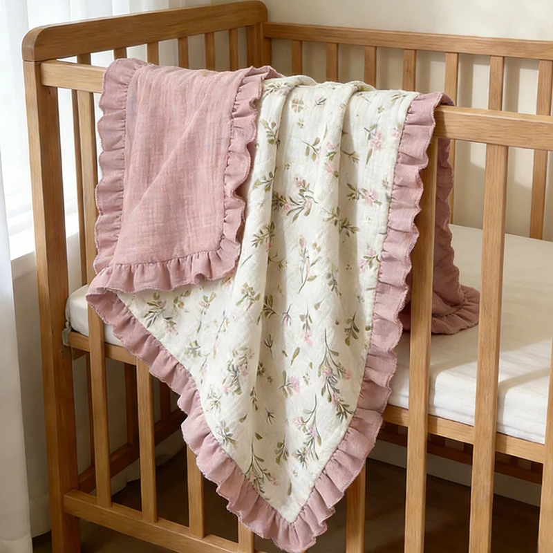Muslin Baby Blanket with Ruffle Edge Soft Breathable Swaddling Wrap Nursery Bedding for Newborns Toddlers 39x35