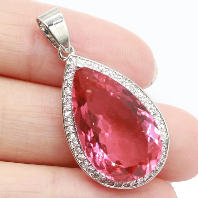 

37x18mm Beautiful Big Drop Shape Golden Citrine Pink Morganite White CZ Women Engagement Silver Pendant Eye Catching