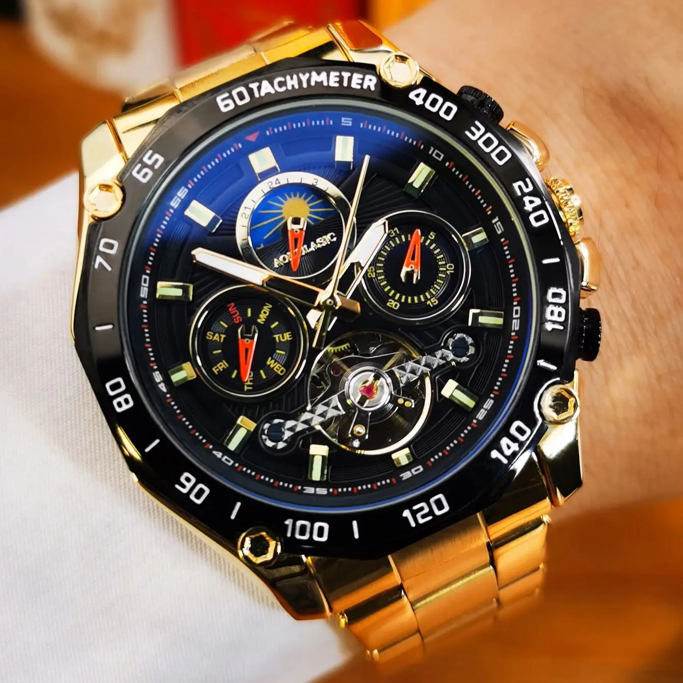 

AOKULASIC Military Multifunction Watch for Men Tourbillon Gold Moon Phase Skeleton Automatic Mechanical Watches Stainless Steel