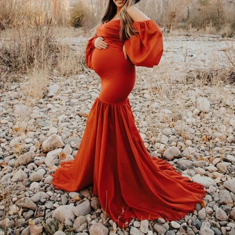 Women Off Shoulder Chiffon Long Sleeves Mermaid Pregnancy Maxi Gown Dress Photography Props Maternity Dress for Photo Shoot Sexy