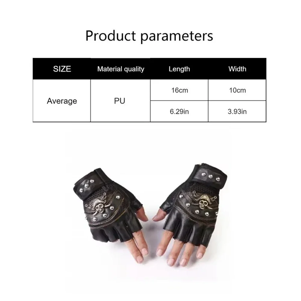 Pirate Captain PU Leather Fingerless Gloves Men Women Skulls Rivet Mitts Hip Hop Gym Female Moto Half Finger Glove Guantes