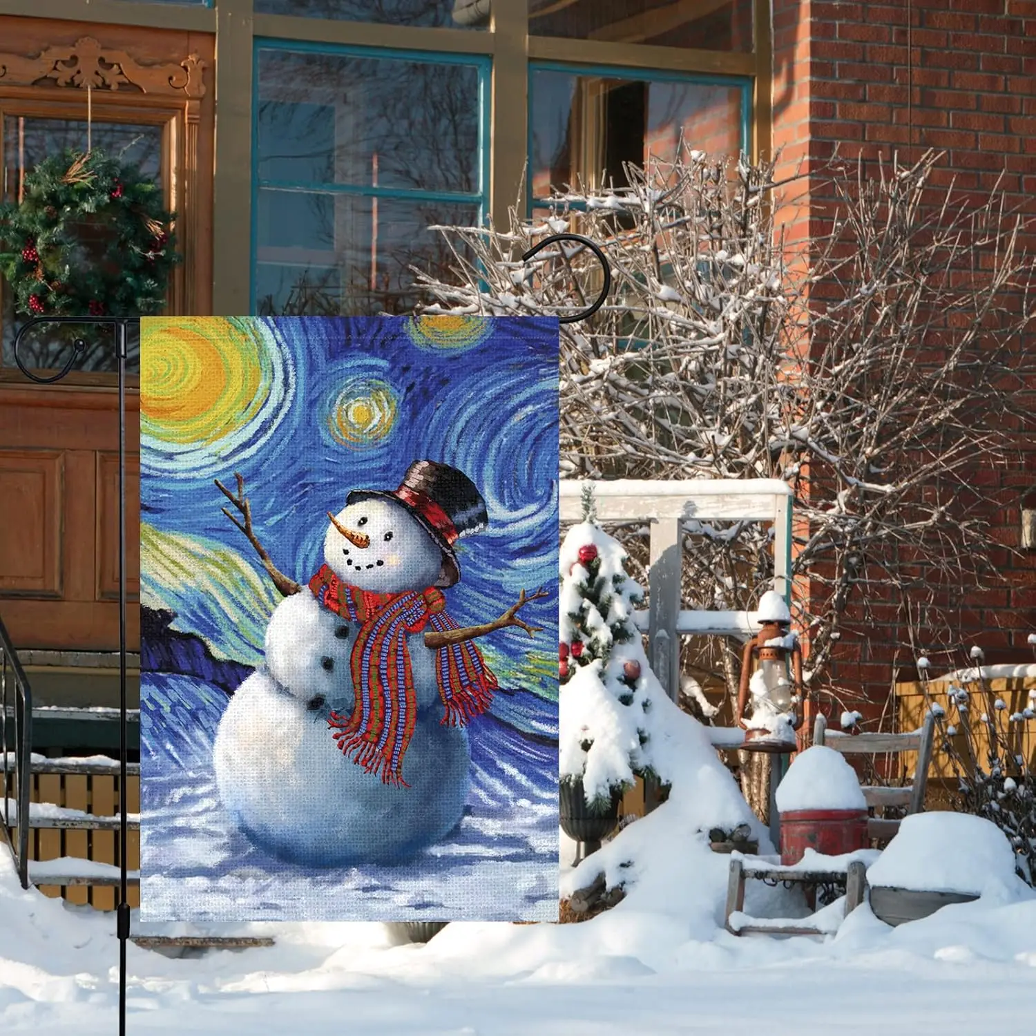 Louise Maelys Winter Christmas Garden Flag 12x18 Double Sided, Burlap Farmhouse Small Starry Night Snowman Yard for Xmas Sea PPM