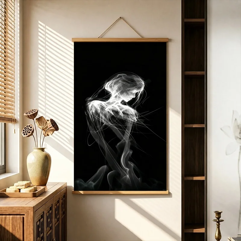 Wall Decor White Line Figures Emerging from Darkness, Pearlescent Canvas Hanging Scroll for Gallery Exhibition Space Wall Decor