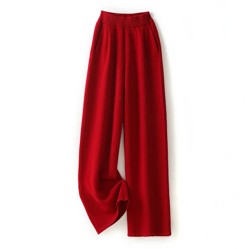 Women's Mid-Waist Elastic Waist Long Pants Autumn Winter Casual Knitted Trousers 100% Merino Wool Comfortable Fit Casual Pants