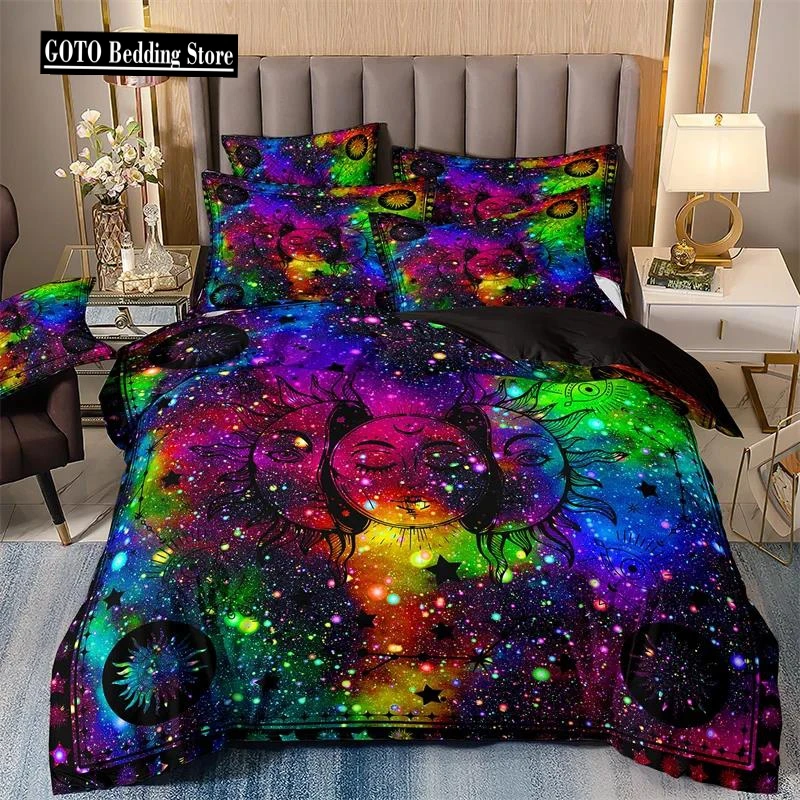 

Bedding Set with Duvet Cover and Pillowcases, Starry Sky Print, Sun and Moon, 2 People, 220x240, Luxury Galaxy Series, Winter