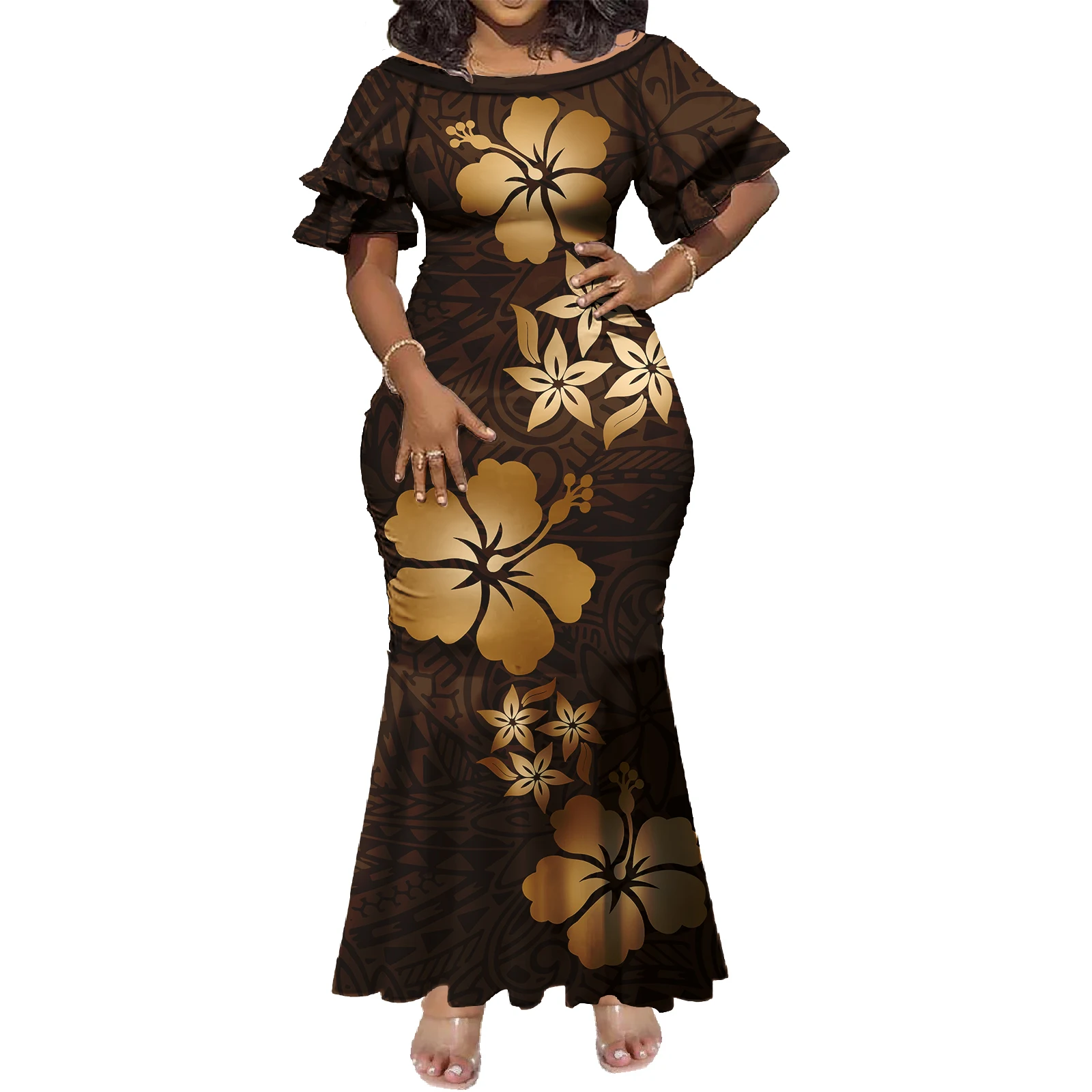 Venta caliente Logotipo personalizado Mangas de doble capa Ropa de vacaciones en la playa Señoras polinesias Ropa hawaiana informal Vestidos tribales samoanos