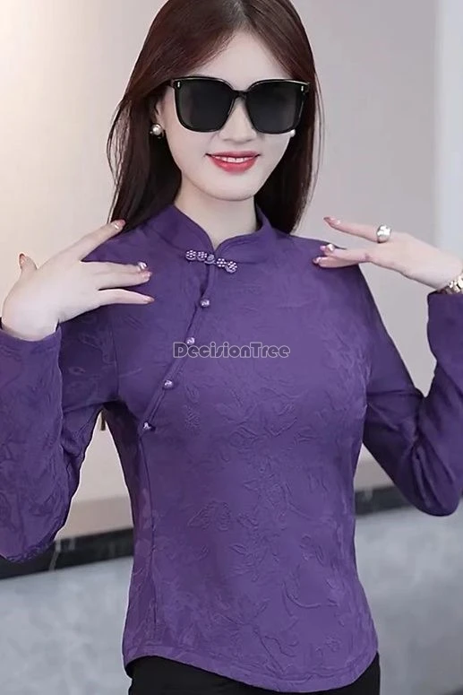 

2025 chinese style fashion jacquard warm stand collar long sleeve women's base layer qipao top slimming fashion cheongsam blouse