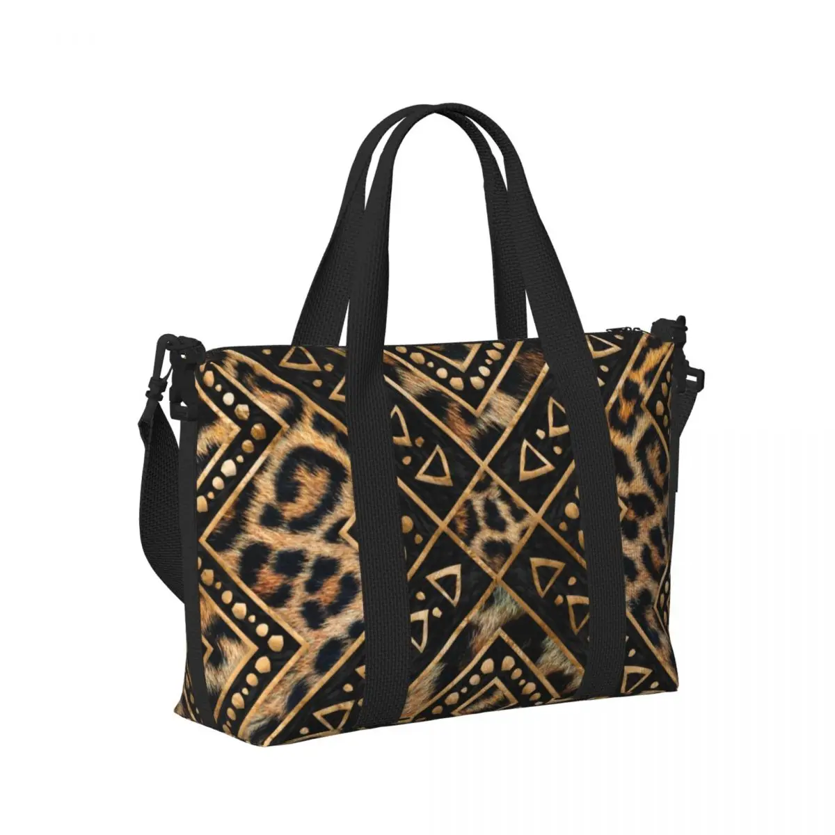 Borsa per la spesa personalizzata in pelliccia di leopardo etnica tribale geometrica Tote Shopping Bag Borse da palestra da spiaggia con texture in pelle animale di grande capacità