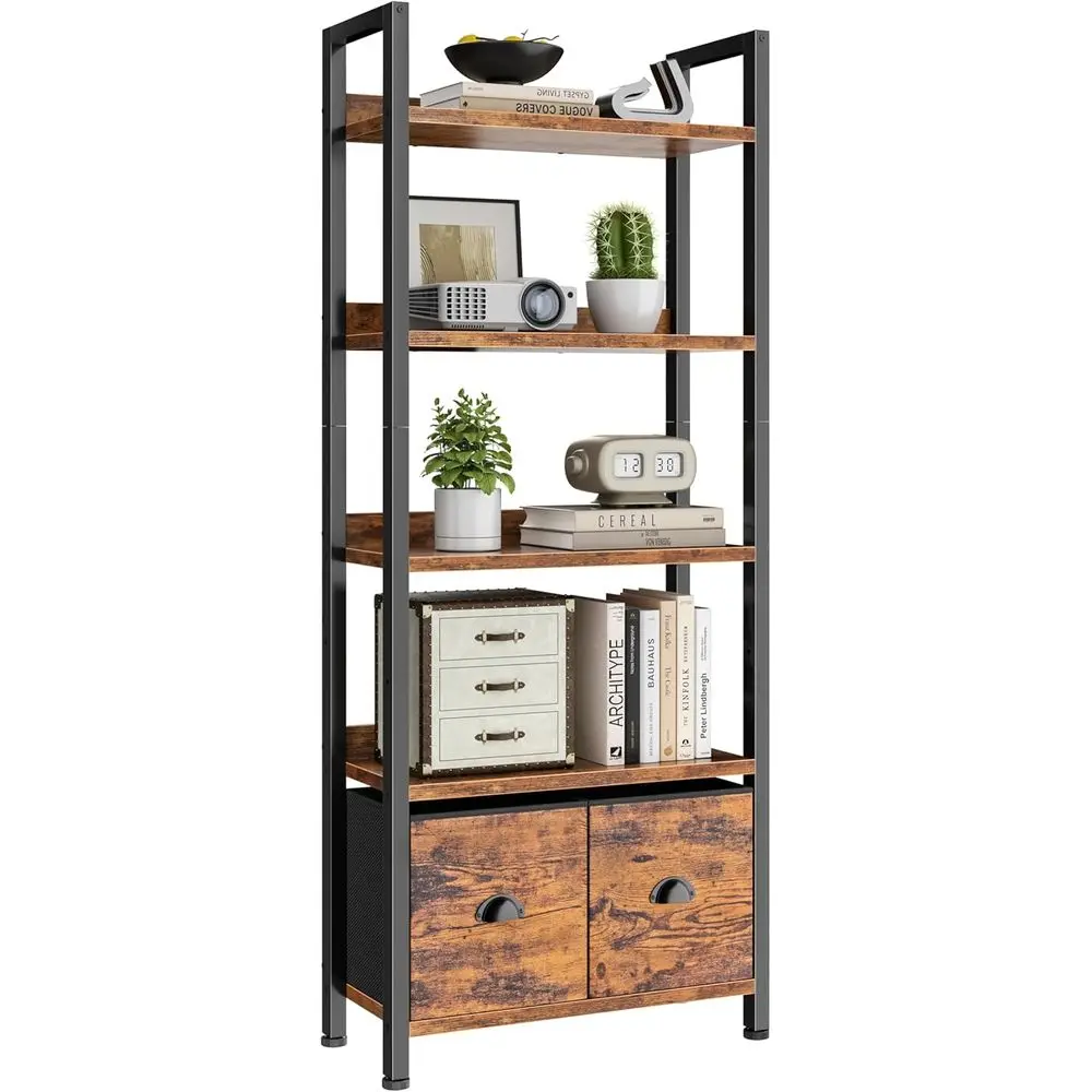 5-Tier Tall Bookcase with Storage Drawers, Industrial Style Wood Metal Rack for Living Room, Bedroom, or Home Office, Rustic Bro