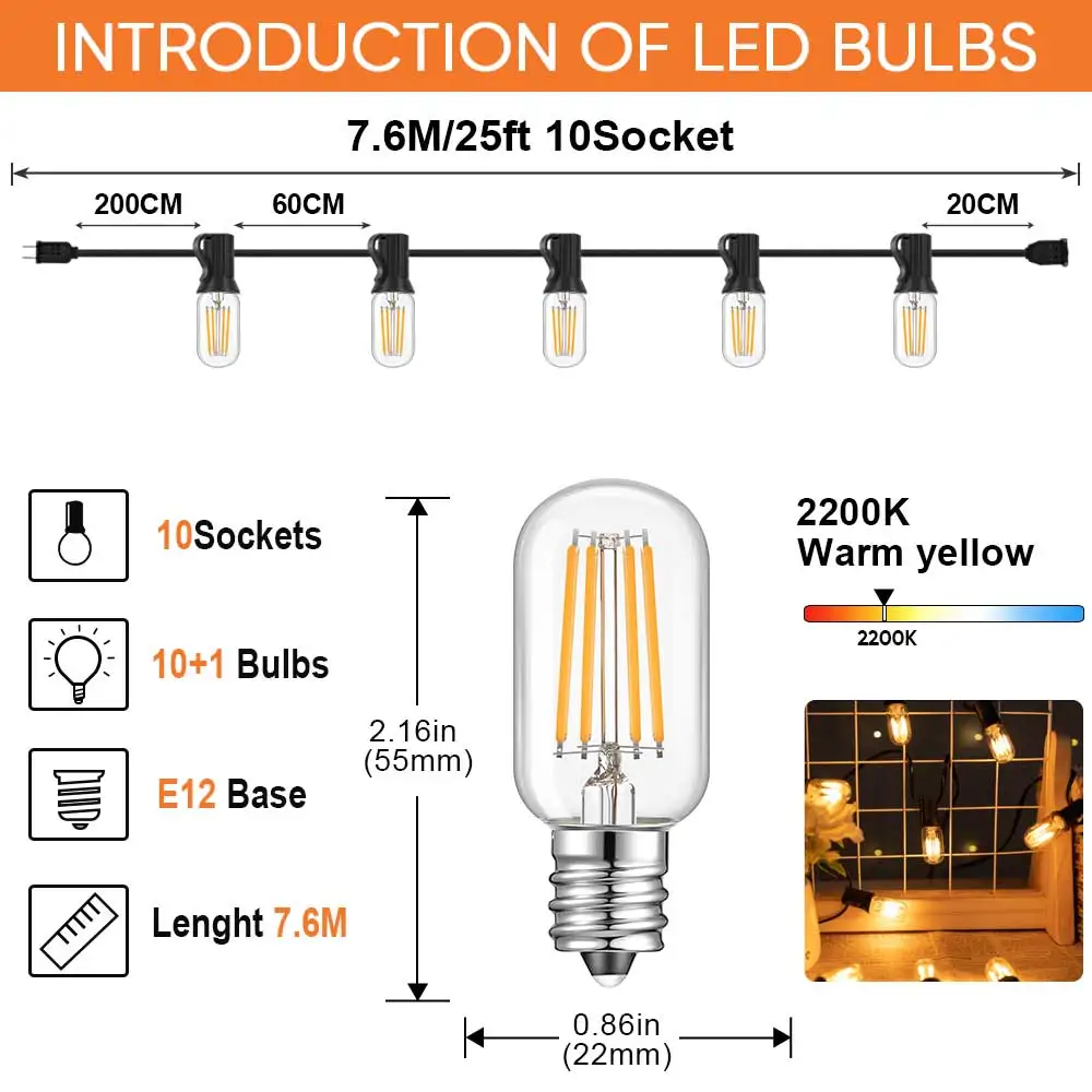 Waterproof String LED Lights E12 Vintage T20 110V 220V Bulb Warm White 2700K Connectable Outside Hanging Lights for Camping Yard