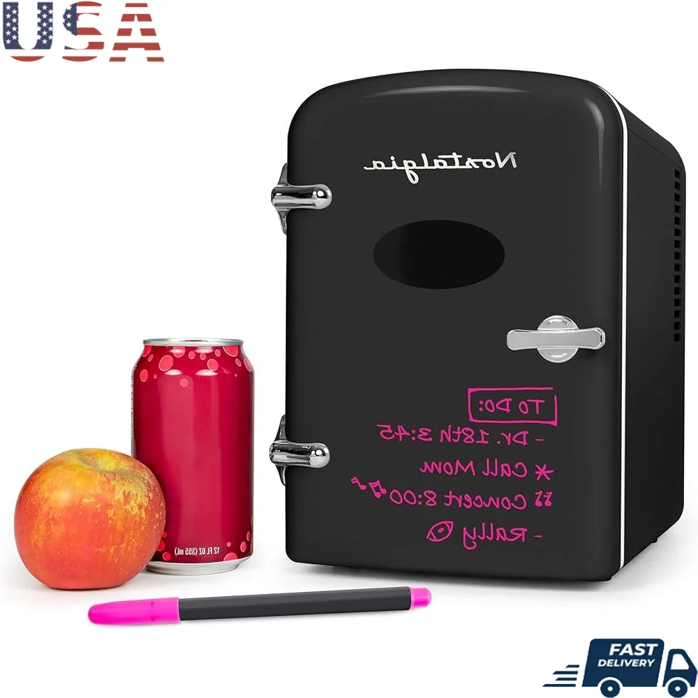 

Portable 6-Can Mini Refrigerator Heating Cooling Dry Erase Door Carry Handle Perfect Home Office Travel Road Trips