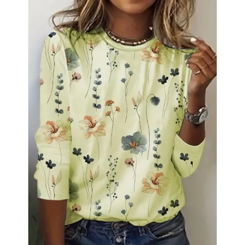 Spring and Autumn women\'s round neck pullover long sleeved T-shirt elegant and fashionable floral print T-shirt womens new style