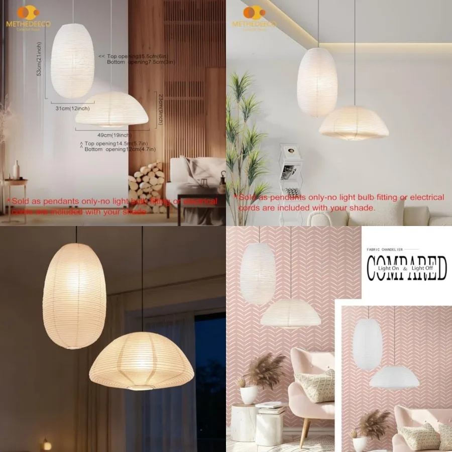 Set of 2 Rice Paper Pendant Light Shades, Large Japanese Minimalist Hanging Lamp Shades for Dining Room Bedroom Living Room, De